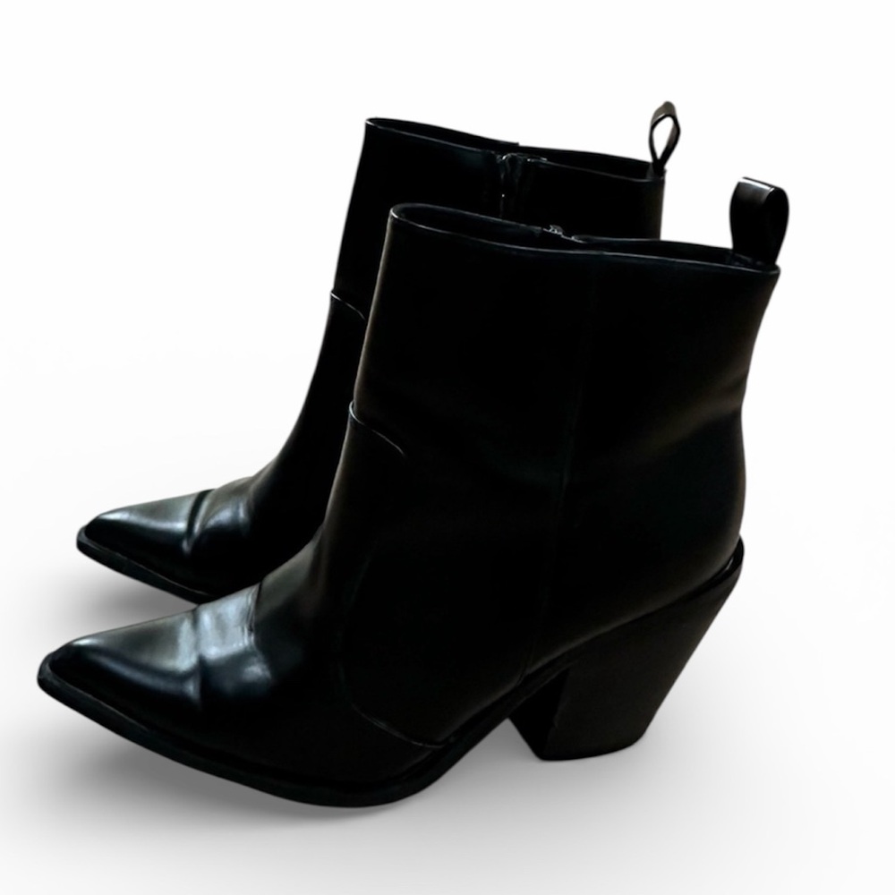Black Western Ankle Boots Pointed Toe Cowboy Booties Block Heel Size 8